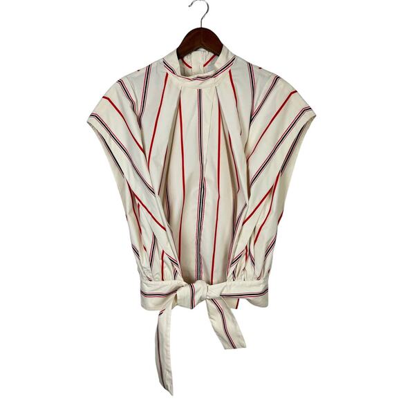 3.1 PHILLIP LIM | Ivory Red Striped Stand Collar Cap Sleeve Tie Hem Designer Top - Picture 11 of 15